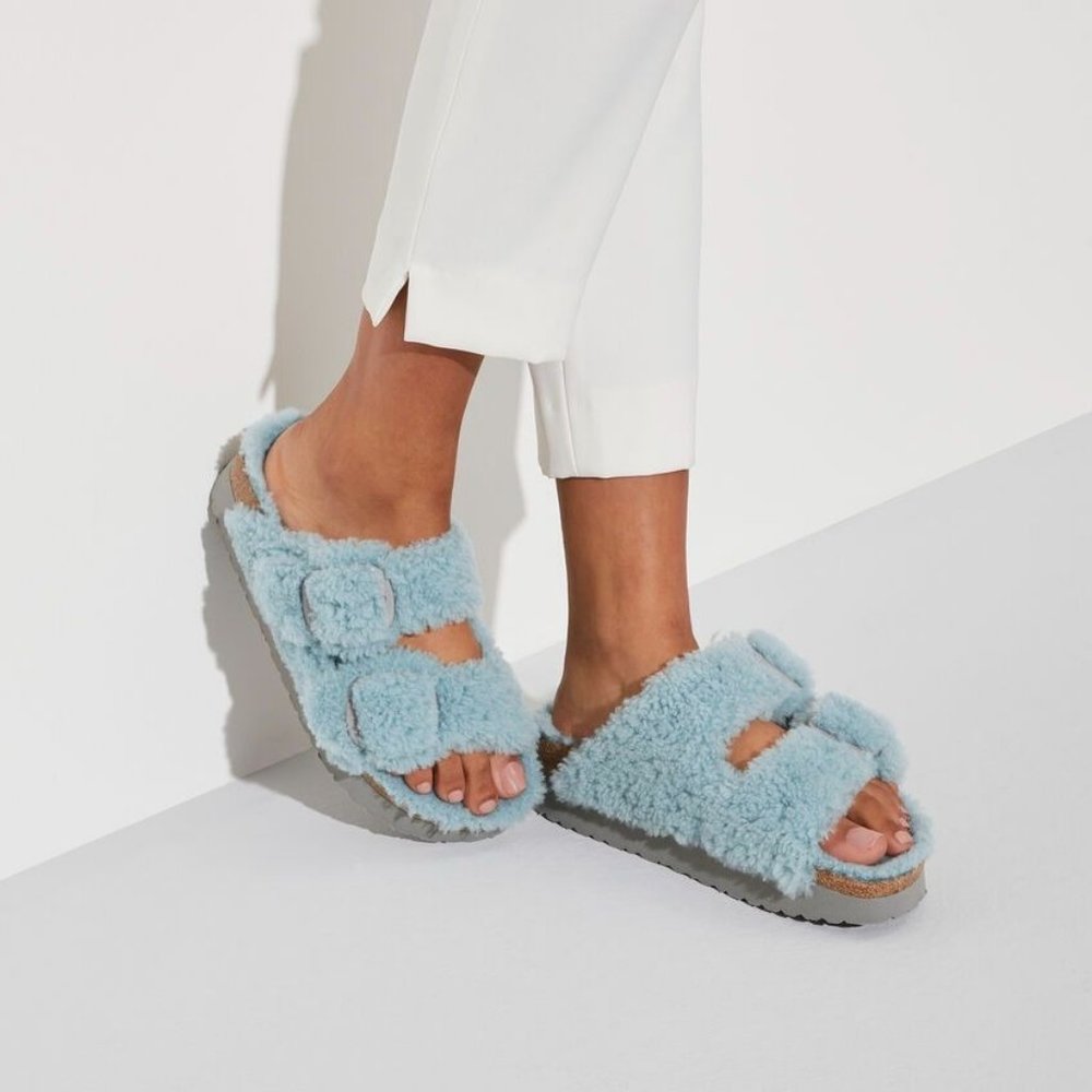 Birkenstock Papillio Arizona Big Buckle Shearling Teddy Faded Aqua 36 Narrow - Picture 1 of 5